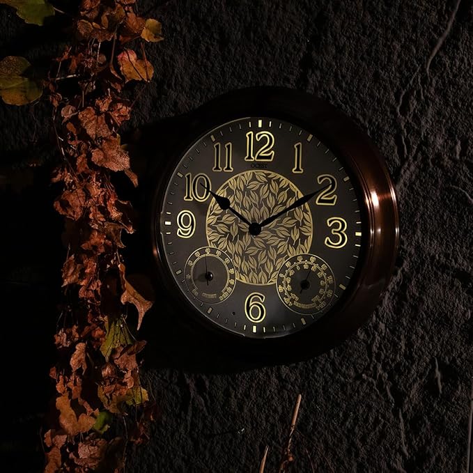 OCEST 15 Inch Illuminated Large Outdoor Clock Waterproof, Night Light Illuminated Wall Clocks with Smart LED Sensor, Temperature and Humidity Combo for Garden Patio Pool Garage (Metal)