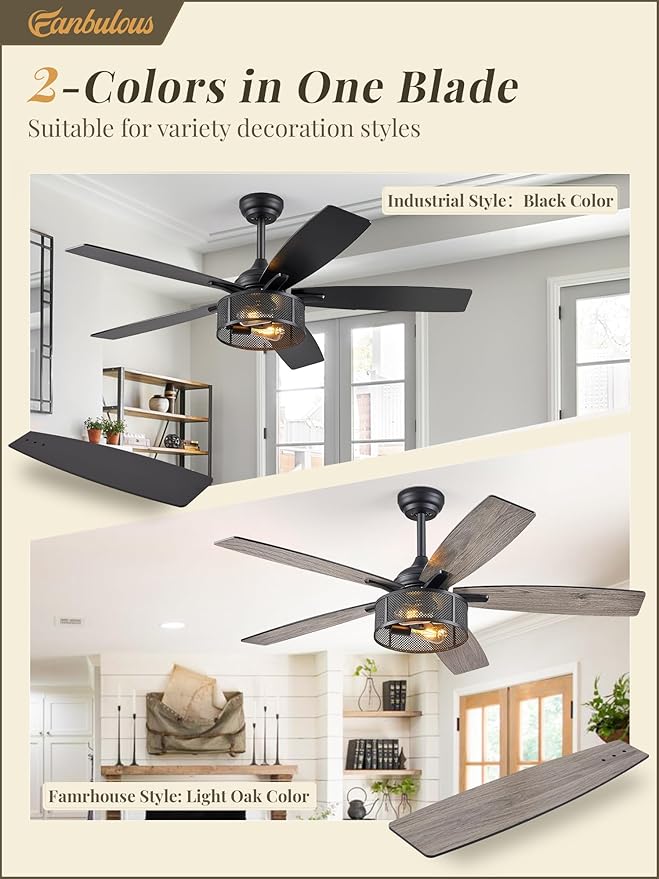 Fanbulous Farmhouse Ceiling Fans with Lights and Remote, 52 Inch Industrial Black Caged Ceiling Fans for Living Room Bedroom Kitchen, 6 Speed Reversible Quiet DC Motor, Dual Finish 5 Blades