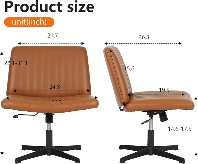 FDW Criss Cross Chair Armless Cross Legged Office Desk Chair Adjustable Swivel Ergonomic No Wheels Backrest with Wide Seat Native Sponge Computer Task Vanity for Home Office,Brown