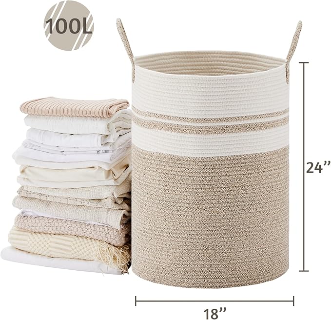 VIPOSCO Large Laundry Hamper, Tall Woven Rope Storage Basket for Blanket, Toys, Dirty Clothes in Living Room, Bathroom, Bedroom - 100L Brown & White