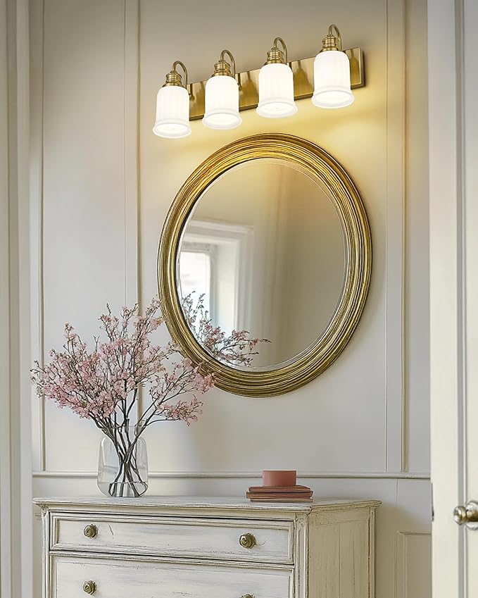 Bathroom Light Fixtures 4-Lights, HWH Brushed Gold Vanity Light Modern Bathroom Vanity Lights Over Mirror, 26'' Antique Brass Vanity Light with Frosted White Bell-Shaped Fluted Glass, 5HZG106B-4W BG