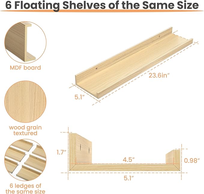 upsimples Floating Shelves for Wall, 23.6 Inch Shelves for Decor Storage Set of 6, Wall Mounted Wood Shelf for Bedroom, Living Room, Bathroom, Kitchen, Long Picture Ledge Shelves, Natural