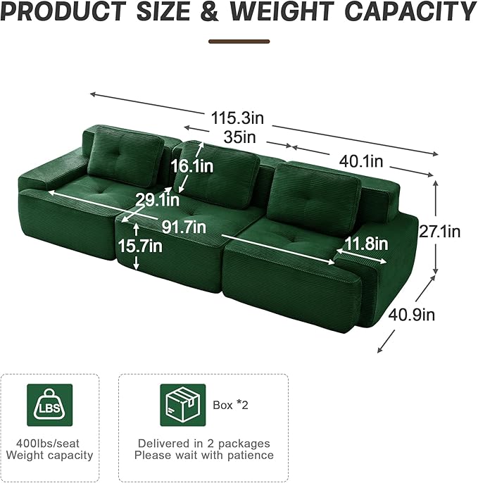 115" Modern Corduroy Cloud Sofa, Boneless Modular Large Sectional Couches for Living Room, Green 3 Seater Compressed Memory Foam Couch, Extra Deep Seat, No Assembly