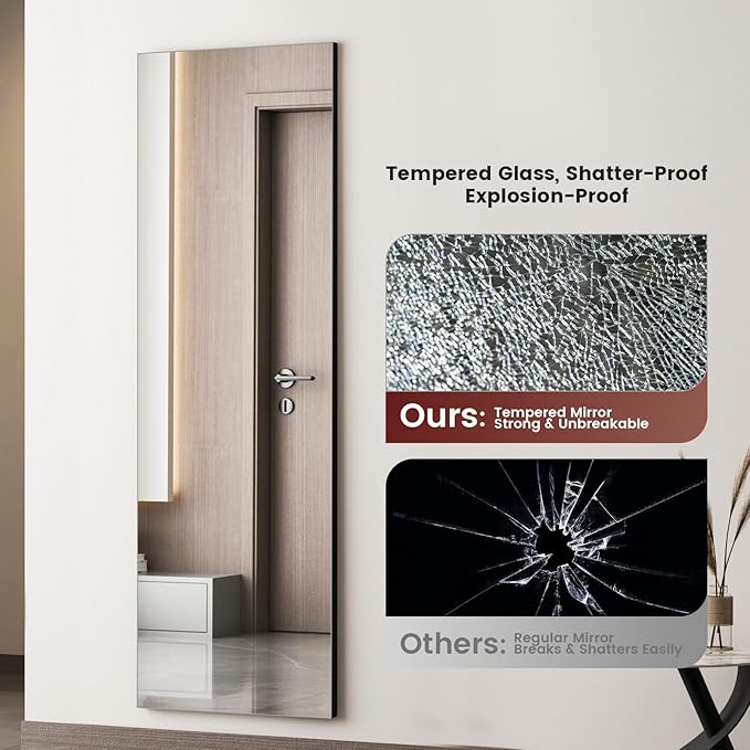 Kosmonia 65x24 Frameless Full Length Silver Coating Mirror w/Distortion Free, HD Reflection &Anti Desilvering, Tempered Glass & Shatter Proof Film Doubling Safety, Easy Setup w/Stand, Wall/Standing