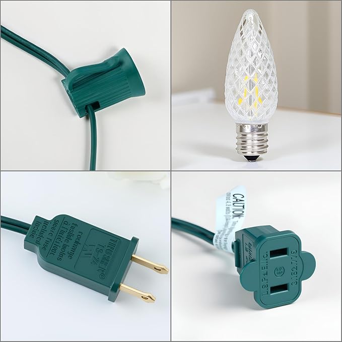 YULETIME Cool White C9 LED Christmas Lights, 25 Feet 25 Count 12" Spacing Faceted Strawberry Bulbs UL Certified Outdoor String Light Set (Cool White)