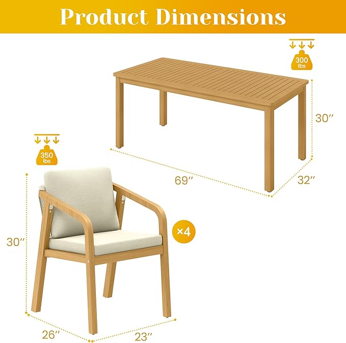 5-Piece Outdoor Dining Set for 4 with 23" Extra Wide Chair and Cushion，Patio Table and Chairs Set with All Acacia Wood Frame, All-Weather Outdoor Patio Furniture Set for Garden Lawn, Beige