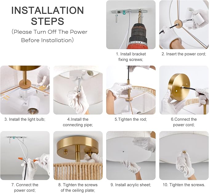 16" Drum Flush Mount Ceiling Light Hallway Light Fixtures with Rattan Shade,3-Light Semi Flush Light Fixture Ceiling Mount for Kitchen, Bedroom, Bathroom, Living Room