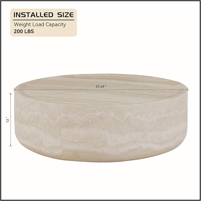 Round Coffee Table 31.49'' Marble Pattern Drum Shaped Coffee Table Fiberglass Cocktail Table Center Table for Living Room ome Office, Fully Assembled, White