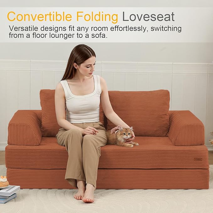 COMAX Convertible Sofa Bed, Folding Floor Couch Corduroy Fold Out Couch Bed Futon Sleeper Mattress with Pillows, Boneless Sofa Comfy Lounge Loveseat for Living Room Bedroom
