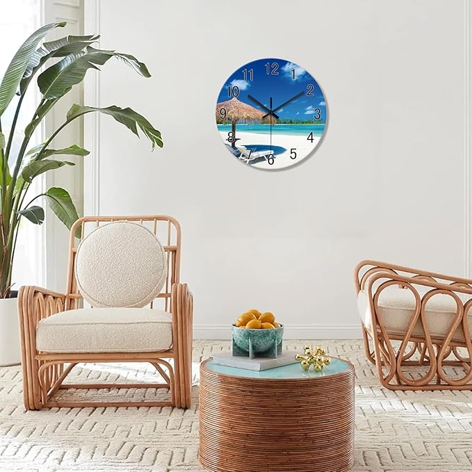 XFM Blue Beach Wall Clock 14 Inch Silent Ocean Wall Clocks Battery Operated Tropical Summer Coastal Clock for Bedroom Living Room Office