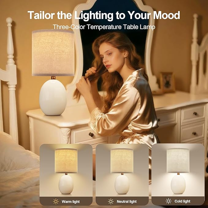 17.3" Table Lamp Set of 2 for Living Room Bedroom, Bedside Lamps for Night Stands, Desk Nightstand Lamp Dimmable, Modern Linen White Ceramic Lamps (White)