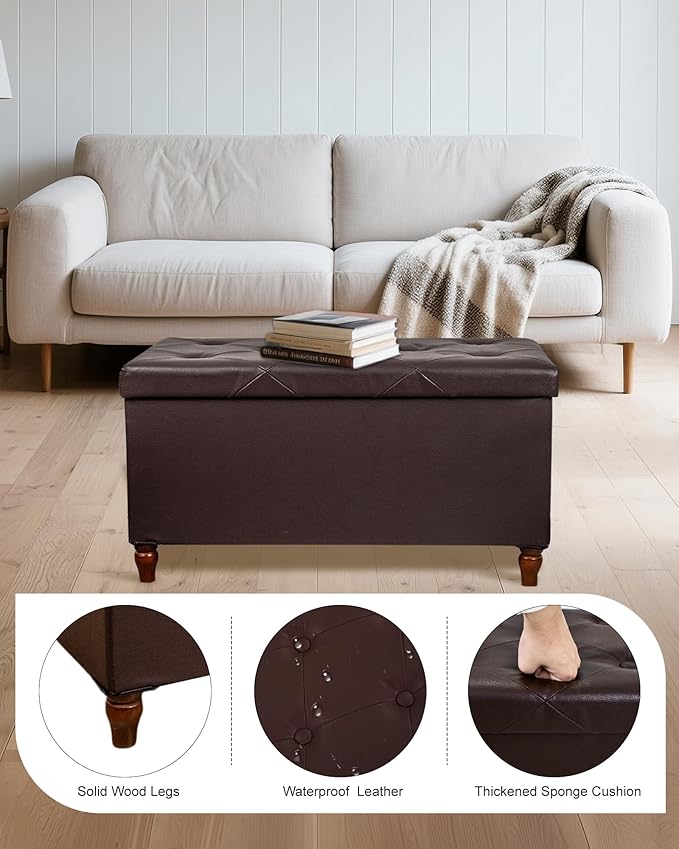 GLAXYFUR 30 Inches Storage Ottoman Bench with Wooden Legs, Faux Leather Folding Ottoman Foot Rest, Storage Bench for Living Room, Hallway & Bedroom, Upgrade Large Capacity (Engineered Wood, Brown)