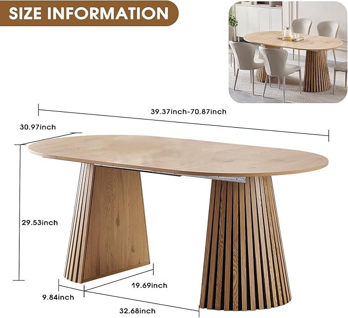 39.4"-71" Extendable Dining Table,Wood Expandable Kitchen Table for 4-10,Rustic Dining Room Table with Dual Pyramid Pedestal,Oval Wood Dining Table for Gatherings