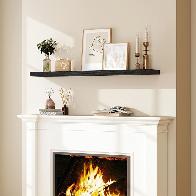 Fun Memories 55 Inch Floating Shelves for Wall, Fireplace Mantel Shelf with Invisible Heavy Duty Bracket, 8 Inch Deep Storage Shelf for Living Room, Kitchen, Farmhouse, Black