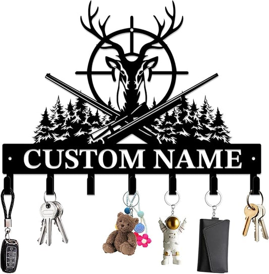 Personalized Custom Name Hunting Deer Wall Key Hooks,Metal Hunting Art Clothes Hooks,Metal Hunting Wall Home Storage Decorative,Hunter For Front Door, Hallway, Kitchen, Bedroom,Keys,Hats (Style H)
