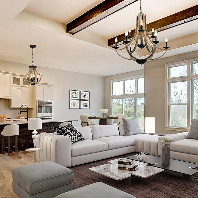 Farmhouse Chandeliers for Dining Room Light Fixture, 9-Light 31" Adjustable Height Retro Faux Wood Texture Rustic Light Fixtures for Living Room Bedroom Kitchen Island Foyer Entryway