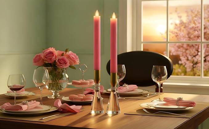 Flameless Taper Candles Flickering with Remote and Timer, 3D Moving Flame Taper Candle Battery Operated to 400 Hours, 9 Inch Window Candles, (Pink-Vertical Stripes)