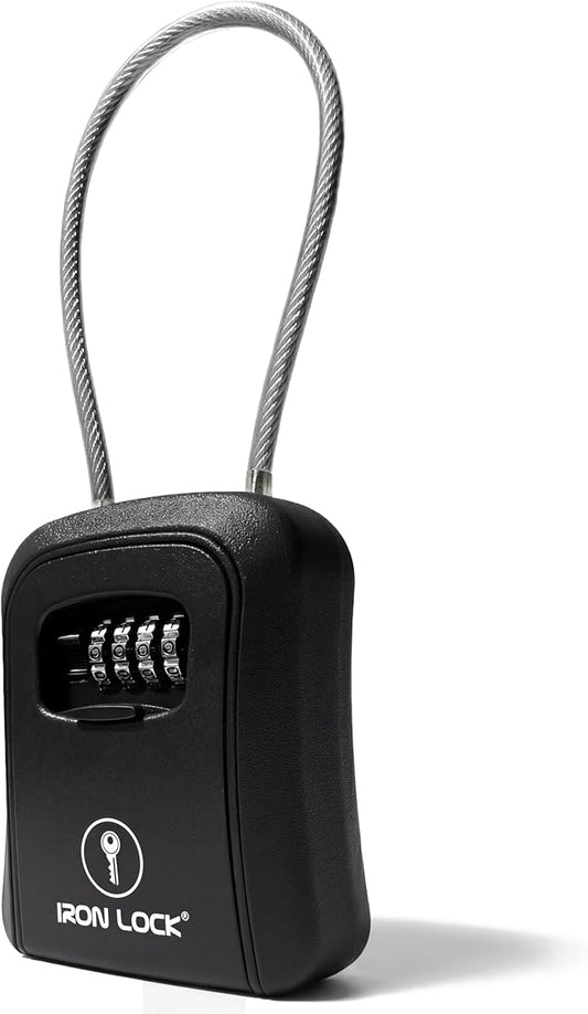 Iron Lock® Key Lock Box Portable with Cable Shackle & Wall Mount – Waterproof Metal Lock Box for Keys with 4-Digit Combination & Resettable Code – Indoor/Outdoor Key Safe (Black, Medium)