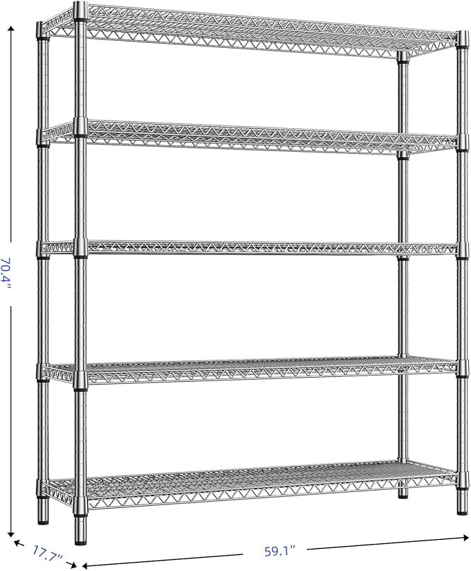 2200 Lbs 5 Tier Storage Rack Metal Wire Shelving Unit, Storage Standing Shelf Organizer for Laundry Bathroom Kitchen Pantry Closet Garage, Chrome 17.7" D x 59.1" W x 70.4" H