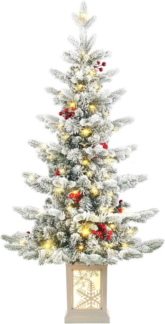 Small Pre-Lit Christmas Tree with LED Lights - 3.5FT Snow Flocked Ariticifial Tree with Snowflake Base, Battery Operated & Auto Timer for Home Office Xmas Decor