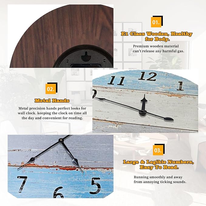 Large Wall Clock for Living Room Decor，24 Inch Blue Round Wood Clock for Bedroom,Coastal Vintage Rustic Clock for Farmhouse Kitchen