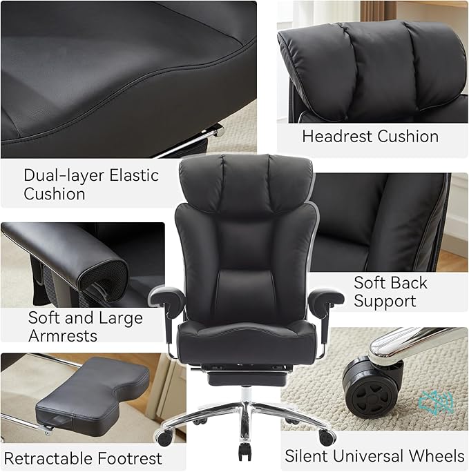 Efomao Big and Tall Office Chair 450lbs, Heavy Duty Executive Office Chair with Lumbar Support, Adjustable Armrests & Footrest, Ergonomic High Back Desk Chair for Home Office, Black