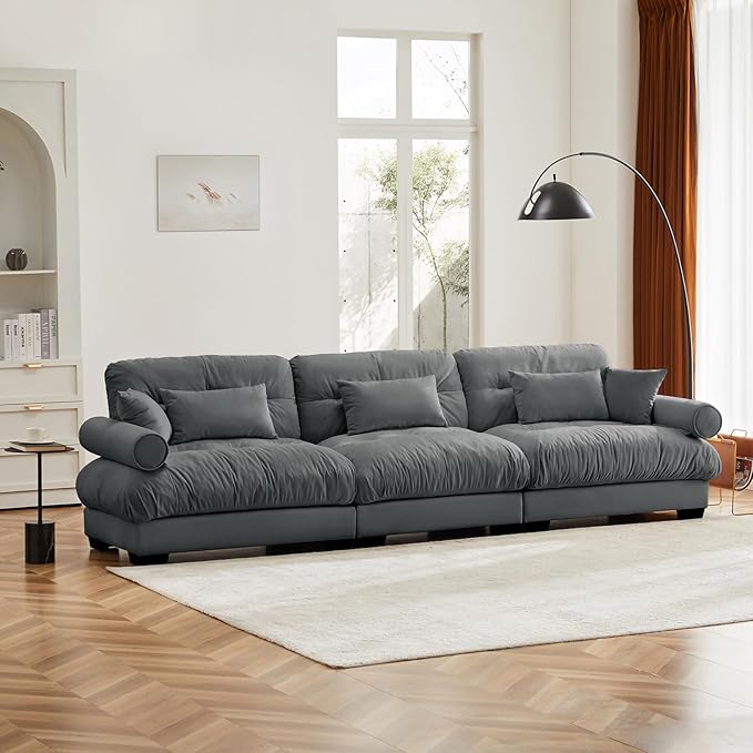 130" Grey Modular Sectional Sofa, 3 Seater Large Sectional Couches for Living Room, Velvet Fabric Oversized Fluffy Cloud Couch with Ottoman, Deep Seat Home Sofas Set, Sofá Moderno