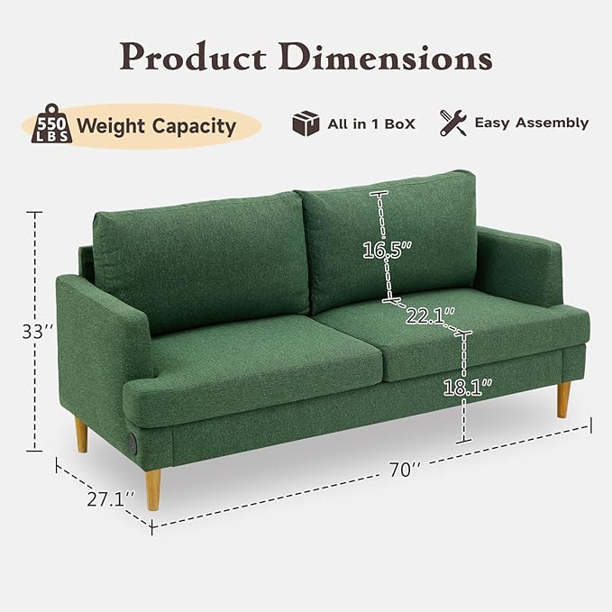 Loveseat Sofa Couch for Living Room with USB Type C Ports – Upholstered 70" Small Couches for Bedroom, Office or Apartment–Modern 2-Seater Deep Seating with Soft Cushions & Sturdy Frame,Green