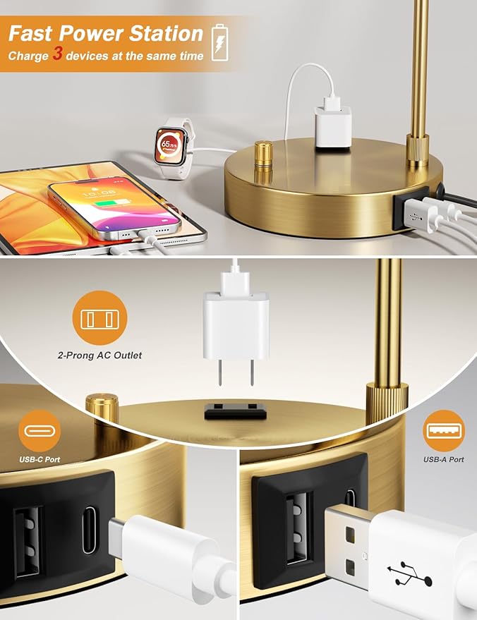 Innqoo Gold Table Lamp with USB Port and Outlet, Dimmable Nightstand Bedside Lamps with Linen Lampshade, Desk Lamp for Bedroom, Living Room, Guest Room, Home Office, LED Bulb Included