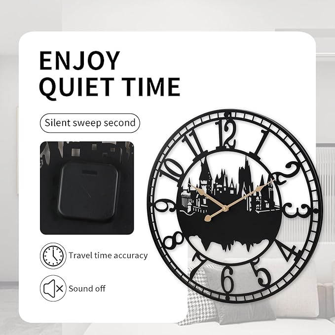 Wall Clocks for Living Room, Metal Black Castle with Metal Golden Retro Hands, Battery Operated Silent Non-Ticking Large Wall Clock for Bedroom Kitchen Living Room Home Decor,24x24Inch