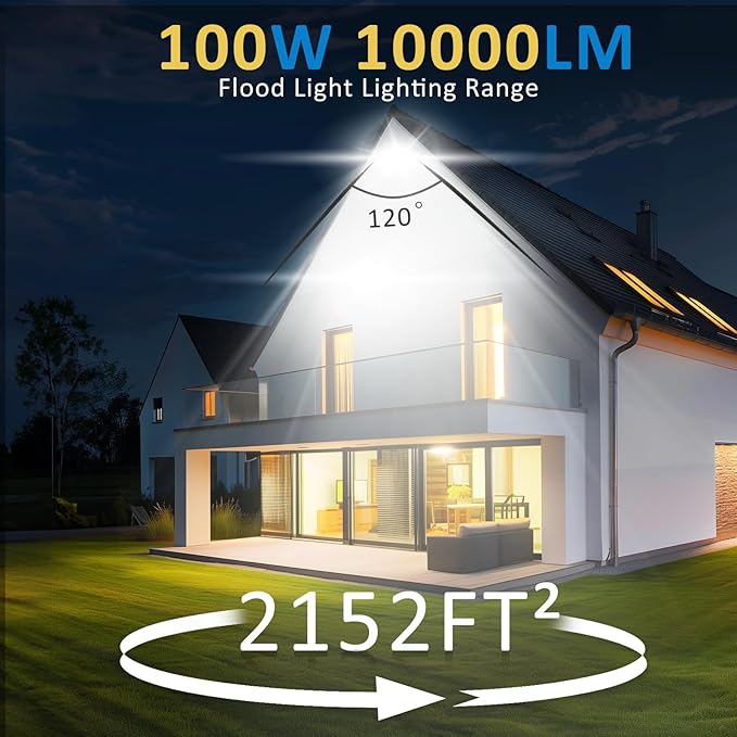 100W LED Flood Light Outdoor, 10000LM Super Bright Floodlight Outside Work Lightwith Plug, 6500K Daylight White LED Flood Light Outdoor, IP66 Waterproof Outdoor Flood Light-2Pack