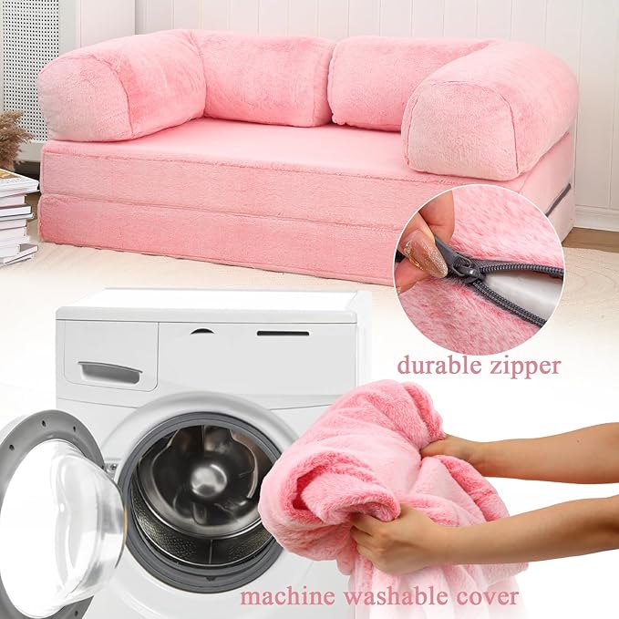 COMAX 4-in-1 Futon Sofa Bed, Queen Size Foldable Couch with L-Shaped Armrests, Convertible Sleeper Chair Bed, Comfortable Lounge Mattress for Living Room and Bedroom, Snow Pink