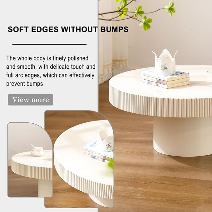 Round Coffee Table, Handcrafted Fluted Drum Coffee Tables Modern Wood Coffee Table Circle Drum Center Table for Living Room, Apartment (White Thin)