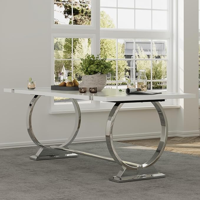 ACEDÉCOR 80" White and Silver Dining Table for 6-8, Modern Large Rectangular Lacquer Top and Chrome Metal U Shaped Base