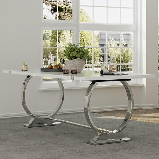 ACEDÉCOR 80" White and Silver Dining Table for 6-8, Modern Large Rectangular Lacquer Top and Chrome Metal U Shaped Base