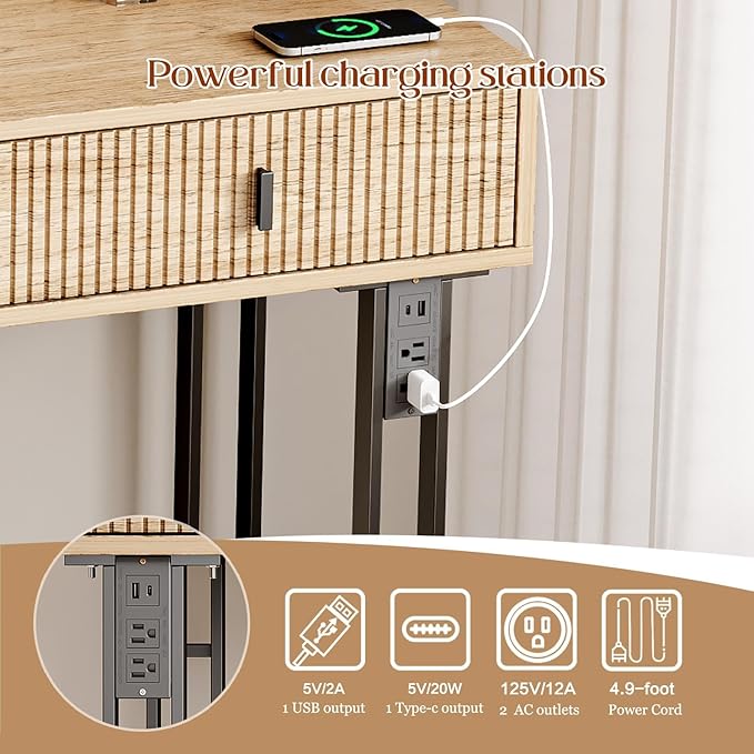 Large Vanity Desk with 3 Color Touch Screen Dimming Mirror, Vanity Desk with Charging Station, Modern Retractable Makeup Dressing Table, Makeup Table With storage shelves and 5 Sliding Drawers, Oak