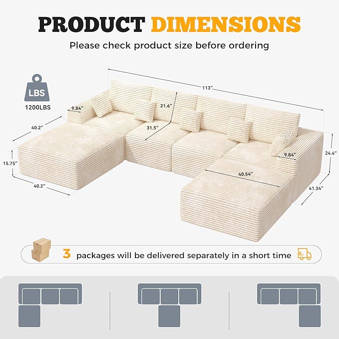 146" Modular Sectional Sofa, Convertible U-Shaped Cloud Couches for Living Room with Ottoman, 6 Seater Corduroy Boneless Couch Sofa Set, No Assembly Required, Beige 1 PCS