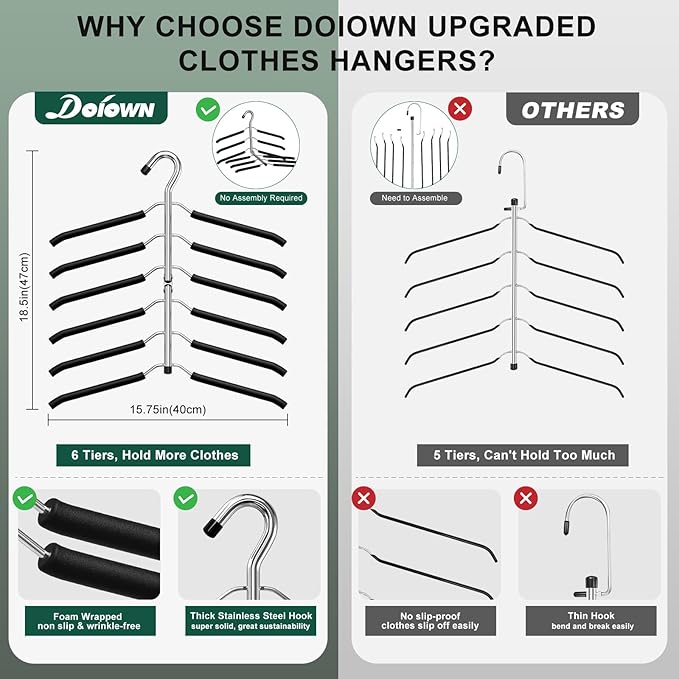 DOIOWN Clothes Hangers Space Saving: 6 Tier Coat Hanger Space Saving Hangers Non Slip Foam Padded Hanger, 3 Pack Black Metal Sweater T Shirt Hangers for Men Women, Closet Organizers and Storage