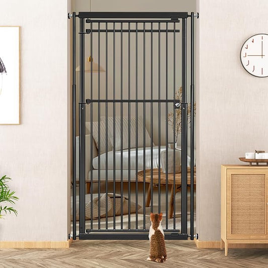 78.8" Extra Tall Cat Gate, 28.3-33" Wide Safety Metal Cat Door, Pressure Mounted Easy Walk Through Pet Gate with Door for Stairs, Doorways (Black)