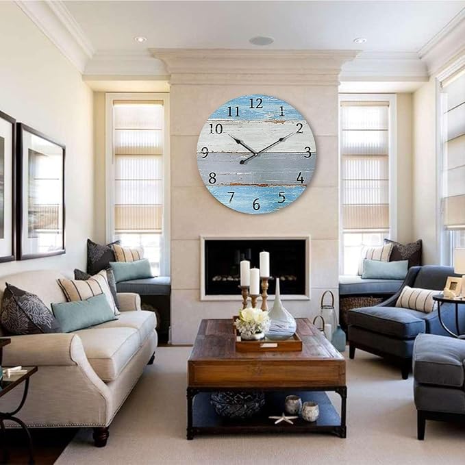Large Wall Clock for Living Room Decor，24 Inch Blue Round Wood Clock for Bedroom,Coastal Vintage Rustic Clock for Farmhouse Kitchen