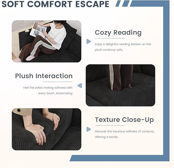 Sectional Couches for Living Room,102inch Cloud Couch Modular Sectional Sofa,Modern Corduroy Couch Love Seat,Cushion Covers Removable& Washable (Black)