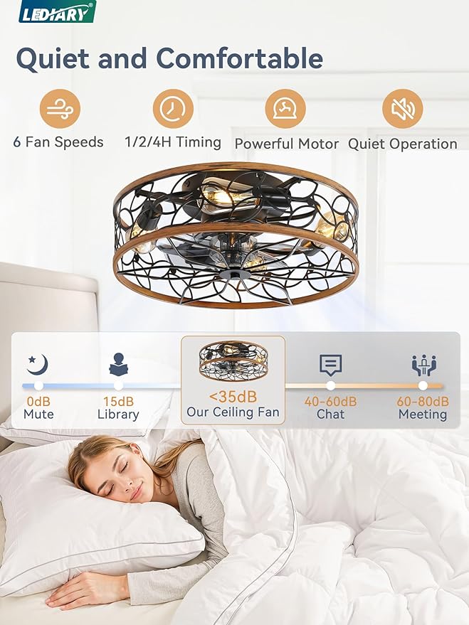 LEDIARY 20 Inch Caged Ceiling Fans with Lights, Farmhouse Flush Mount Ceiling Fan with Remote, Black&Walnut Low Profile Ceiling Fan Light Fixture for Bedroom, Kitchen, Dining Room