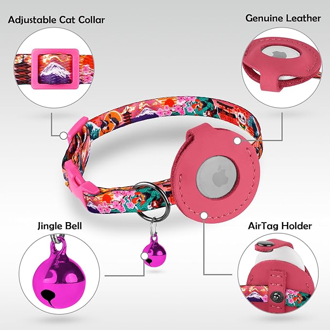 Airtag Cat Collar with Bell - Non Breakaway Soft Pet Collar with Leather Air Tag Holder - Adjustable GPS Anti-Lost Collars for Girl Boy Cats Kitten Puppies, Lightweight and Patterned (Japanese)