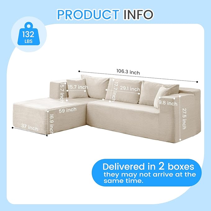 PUREMIND 106" White Cloud Sectional Couch Sectional Couches for Living Room, Corduroy L Shape Sofa with Deep Seat, Modular Boneless Foam Couch Corner Couches No Assembly Required