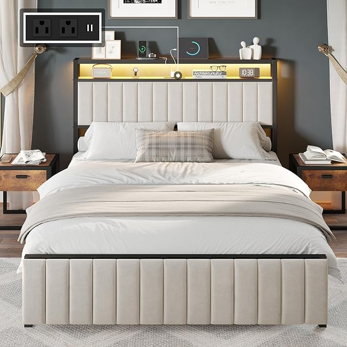 Queen Bed Frame with Folding Bench and Charging Station, Velvet Upholstered Headboard with LED Light and Storage Shelf, Heavy Duty Metal Slats/No Box Spring Needed/Easy Assembly, Beige