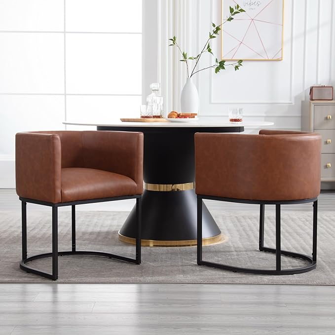 Faux Leather Dining Chairs Set of 2 Modern Barrel Arm Chairs with Black Metal Frame, Upholstered Kitchen Chairs 18.5" Wide Accent Chairs for Living Room Dining Room Restaurant, Brown