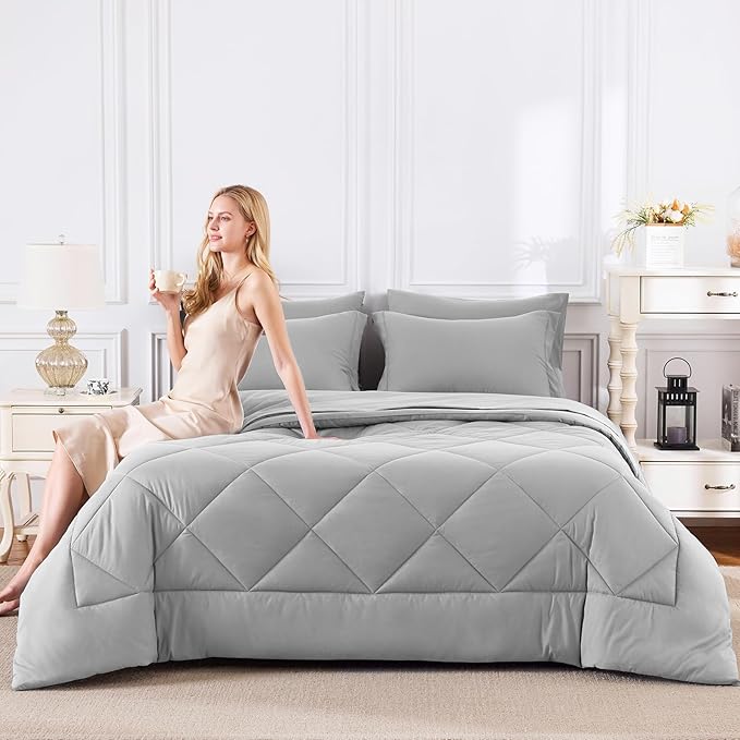 CozyLux King Size Comforter Set Light Grey - 7 Pieces Bed in a Bag King, Luxury Soft Bed Set for All Seasons, Bedding Set with Down Alternative Comforter, Sheets, Pillowcases & Shams