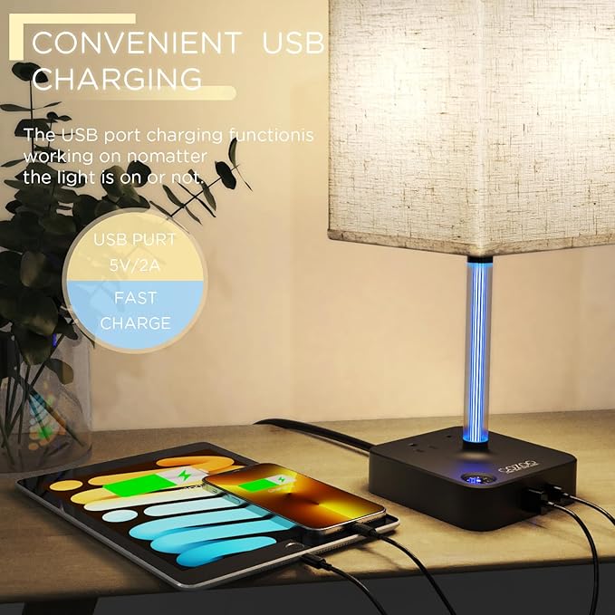 COZOO 3 Way Dimmable Touch Bedside Table Lamp with 3 USB Charging Ports 2 Outlets Power Strip,Black Charger Base White Fabric Shade,LED Desk Night Light for Bedroom/Nightstand/Living Room/College Dorm