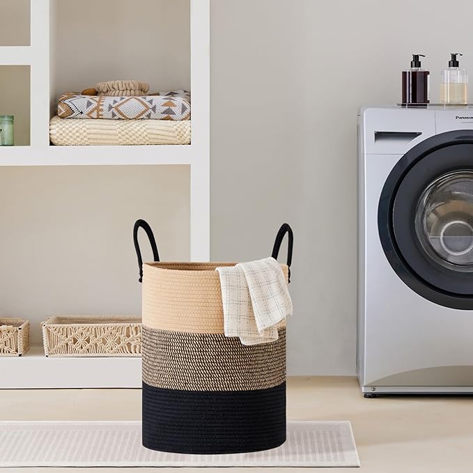 VIPOSCO Large Laundry Hamper, Tall Woven Rope Storage Basket for Blanket, Toys, Dirty Clothes in Living Room, Bathroom, Bedroom - 53L Brown & Black