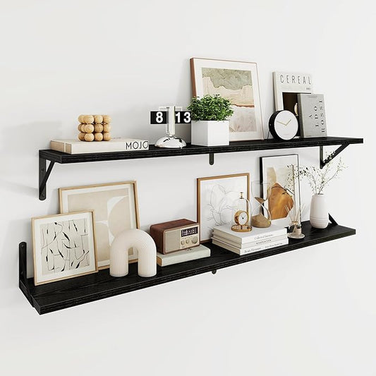 Dreamland Deep Floating Shelves for Wall, 48W x 8D Wall Mounted Shelves Set of 2, Wide Display Ledge Shelf with Sturdy Metal Brackets for Living Room, Bathroom, Bedroom and Kitchen, Black